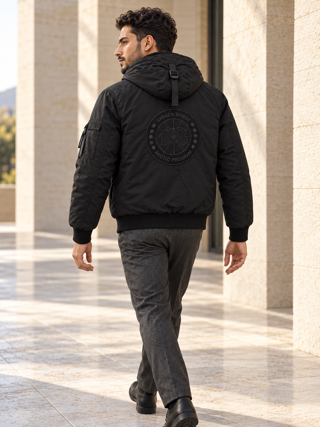Bomber noir à capuche — Doublure orange